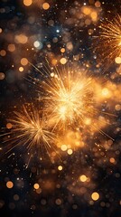 Gold color fireworks or sparklers outdoors in the sky at night. New year celebration concept. Generative AI.