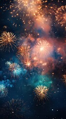 Colorful fireworks outdoors in the sky at night. New year celebration concept. Generative AI. - obrazy, fototapety, plakaty