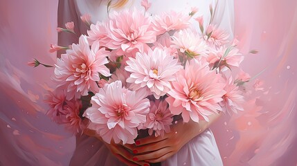 A woman holds a large bouquet of fresh pink flowers in her hands at her waist. Generated by AI.