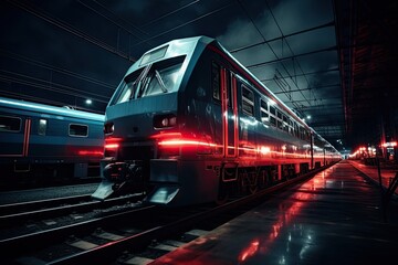 Modern high-speed passenger train in the night lights. Generated by AI.