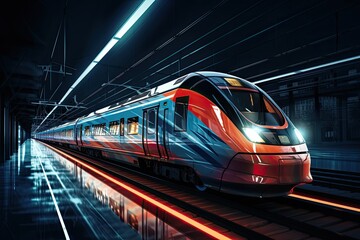 Fototapeta premium Modern high-speed passenger train in the night lights. Generated by AI.