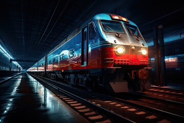 Fototapeta premium Modern high-speed passenger train in the night lights. Generated by AI.