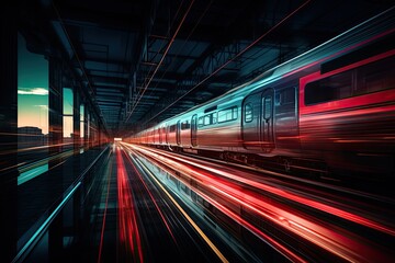 Fototapeta na wymiar Modern high-speed passenger train in the night lights. Generated by AI.