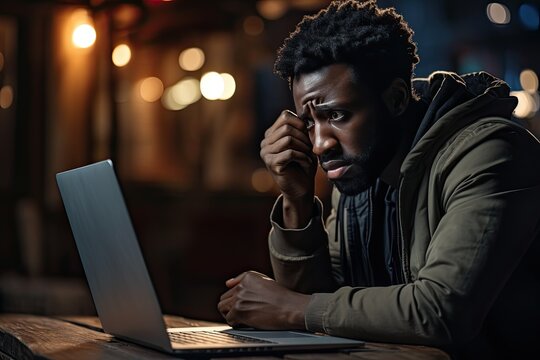 A lonely depressed African American is sitting at home in front of a laptop. Generated by AI.