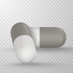 Realistic 3d pill in cartoon style. Medicine and drugs capsule, medical supplements. Vector illustration - obrazy, fototapety, plakaty
