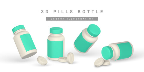 Realistic 3d pills and medicine boxes in cartoon style. Medicine and drugs capsule, medical supplements. Vector illustration