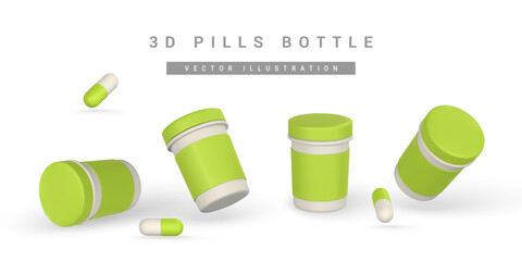 Realistic 3d pills and medicine boxes in cartoon style. Medicine and drugs capsule, medical supplements. Vector illustration