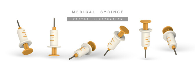 Realistic 3d syringe. Disposable equipment for injections. Medical device for vaccination. Isolated vector object. Vector illustration