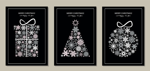 Set of Marry christmas decorations with ball, fir tree and gift from white snowflakes