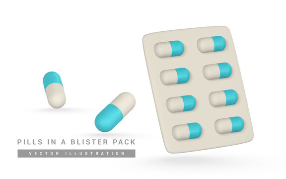 Realistic 3d pills in a blister pack in cartoon style. Medicine and drugs tablet, medical supplements. Vector illustration