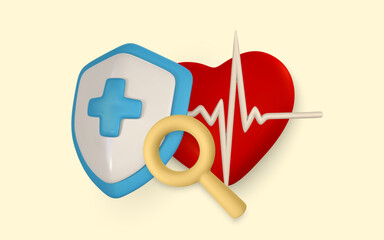 3d medical protection shield. Heart cardiogram on shield, pulse symbol. Cardio care. Vector illustration