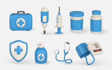Healthcare concept in cartoon style. Set of 3d different medical equipment. Assortment of various medical instruments. Vector illustration