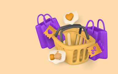 Fototapeta premium Online shopping banner template in cartoon style. Shopping basket, bag, discount, promotion, sale, shopping concept. Vector illustration