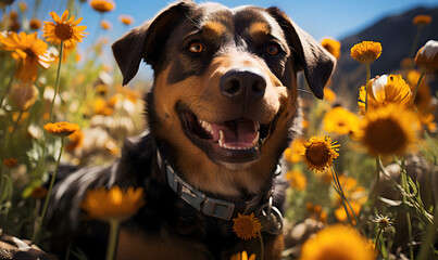 Rottweiler dog surrounded by a field of flowers, happy dog - Generative AI