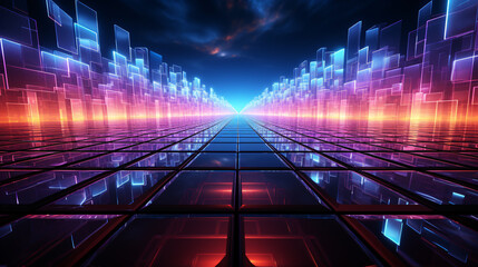 Illuminated data screen wall and grid corridor surreal landscape with neon light, virtual reality cyberspace and digital technology concept, futuristic abstract background.