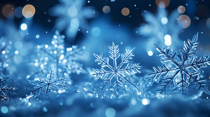 Fototapeta na wymiar Magical shiny frozen snowflakes and snowfall sky, blue background with beautiful festive light bokeh, winter and Christmas background.