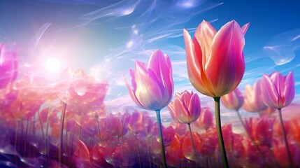 A field of tulips in bloom juxtaposed with the electromagnetic spectrum, a stunning double exposure that links sight and sense.