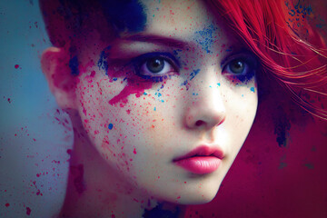 Studio portrait of a young female model with her face and hair spattered with blue and red paint.