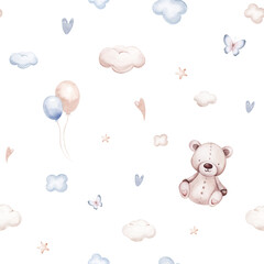 Seamlesss pattern with cartoon clouds, magic baby bear bunny toys and cow. Watercolor hand drawn illustration with white background