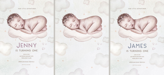 Watercolor newborn Baby Shower greeting card with babies boy girl. Birthday baby shower of new born baby - obrazy, fototapety, plakaty