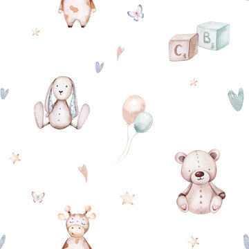 Seamlesss pattern with cartoon clouds, magic baby bear bunny toys and cow. Watercolor hand drawn illustration with white background