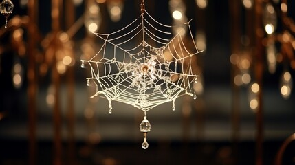 A magnificent chandelier and a spider's web combined in an elegant and delicate fashion.