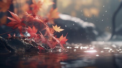 A poetic Japanese haiku and falling autumn leaves, symbolizing the ephemeral beauty of life. - obrazy, fototapety, plakaty
