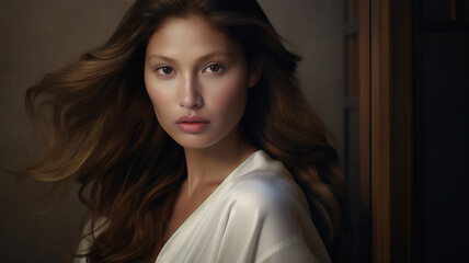 Fototapeta premium Studio portrait of a beautiful woman highlighting a healthy lifestyle with emphasis on skin care and cosmetics. Long brown hair.