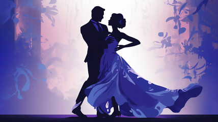 Purple silhouette of ballroom dancers who are dancing as a couple showing their technique skills at a Latin dance competition, Generative AI stock illustration image  - obrazy, fototapety, plakaty