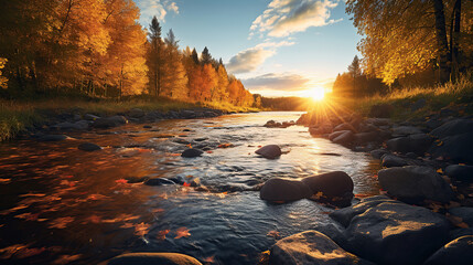 autumnal atmosphere on the river in the evening light. - obrazy, fototapety, plakaty