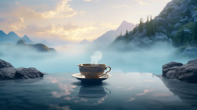 A steaming tea cup and the mist rising from a mountain lake, encapsulating serenity.