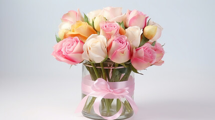 Bouquet of roses and tulips in the jar, Can be used for invitations, greeting, wedding card.