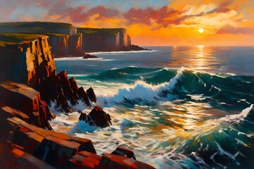 An impressionist oil painting of a coastal cliff at sunset, echoing the style of Boudin, with dramatic colors, crashing waves, and a sense of the sublime in nature's beauty - obrazy, fototapety, plakaty
