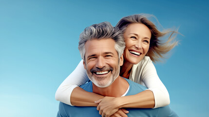 Fototapeta premium LAUGHING MATURE MAN GIVING HIS WIFE PIGGYBACK RIDE. legal AI