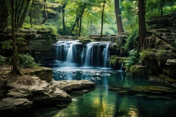 A cascading waterfall forming a serene pool in the woods.