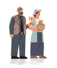 jewish man woman in traditional clothes standing together israel people holding jugs with david star happy hanukkah judaism religious holidays