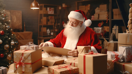 Old funny Santa Claus, Saint Nicholas packing presents gift boxes in sack bag preparing post shipping fast xmas delivery parcels standing in workshop. Merry Christmas shipping delivery concept. - obrazy, fototapety, plakaty