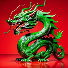 Obraz premium Green dragon on red background with leaves and flowers on his head new year 2024 year of the green