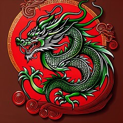 Green dragon on red background with leaves and flowers on his head new year 2024 year of the green