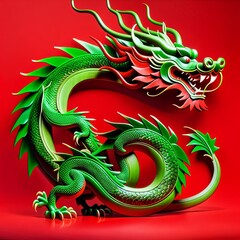Obraz premium Green dragon on red background with leaves and flowers on his head new year 2024 year of the green