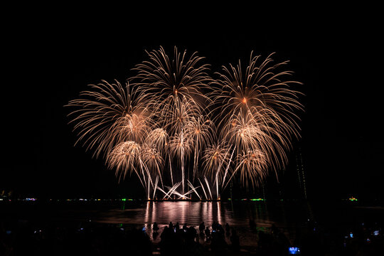 PATTAYA, CHONBURI, THAILAND, Real Fireworks at Pattaya bay, Pattaya national Fireworks Festival contest, November of every Year, Beautiful of bright light fireworks Show in middle sea, for postcard 
