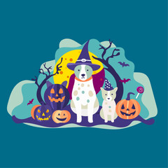 Halloween Pumpkins, Dogs and Bats Flat illustration