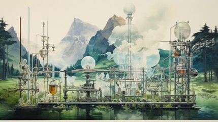 A watercolor painting of a landscape and a radiographic image, combining art and science.