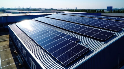 Top view Solar Cell on Warehouse Factory. Solar photo voltaic panels system power or Solar Cell on industrial building roof for producing green ecological electricity. Production of renewable energy. - obrazy, fototapety, plakaty