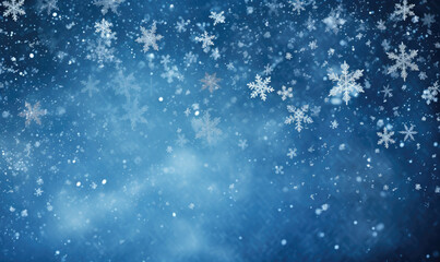 Serene winter scene with gentle snowflakes and ethereal bokeh against a deep blue sky.