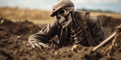 Fototapeta premium A skeleton lay on the spooky ground. Skeleton like death by Generative AI