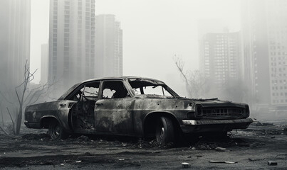 Abandoned, wrecked car in a city.