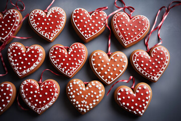 overhead photo of heart-shaped cookies on a string, forming a unique, playful pattern. Valentine's Day