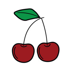 A hand-drawn cartoon cherry icon with a green leaf on a white background.