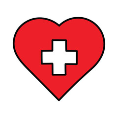 Hand-drawn cartoon white cross in a red heart on a white background. The concept of healthcare.